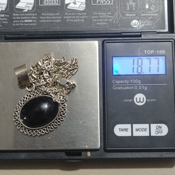 Vintage Taxco Sterling Silver 925 Pendant 18 Necklace Black Onyx Stone Filigree - Picture 2 of 10